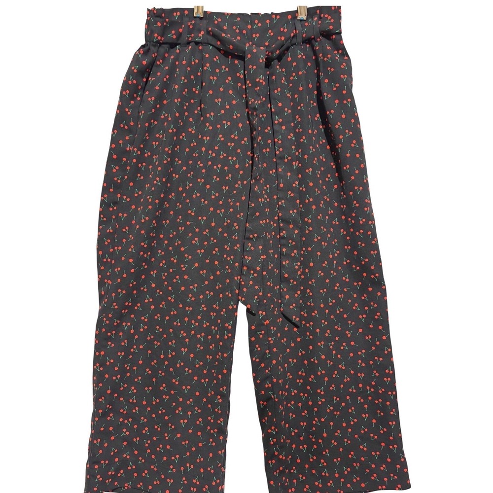 POPSUGAR Womens Black Cherry Print Wide Leg Capri culottes Pants Sz S statement
